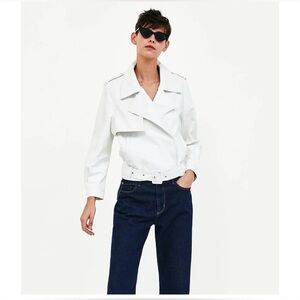Zara White Faux Leather Moto Jacket Belted Oversized Lapel Medium